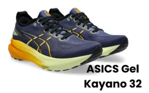 The image features a pair of ASICS Gel Kayano 32 running shoes, showcasing their design and features. The shoes are...